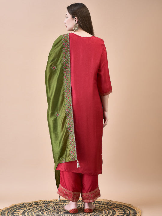 Floral Woven Design Sequinned Dola Jacquard Straight Kurta with Trousers & Dupatta