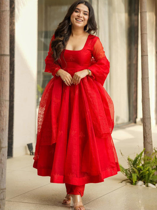 Idaho Clothing Floral Embroidered Anarkali organza Kurta With Trousers & Dupatta