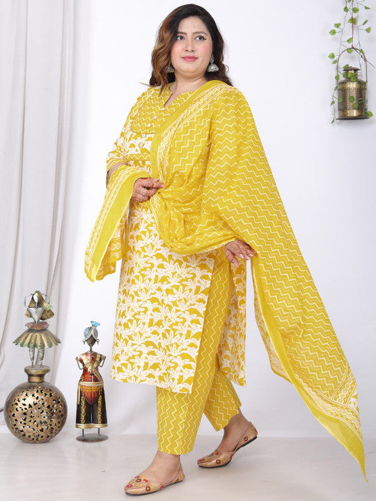 Swasti Plus Floral Printed Notch Neck Pure Cotton Straight Kurta With Trousers & Dupatta