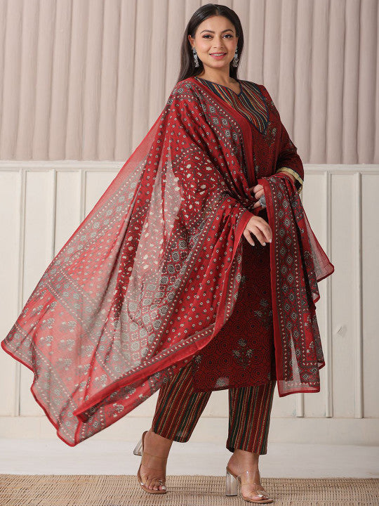 Yufta Plus Size Floral Printed Pure Cotton Straight Kurta With Trousers & Dupatta