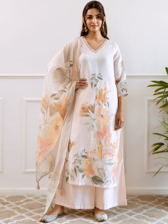 FILO HEVIS Floral Printed V Neck Pure Cotton Straight Kurta With Trousers & Dupatta