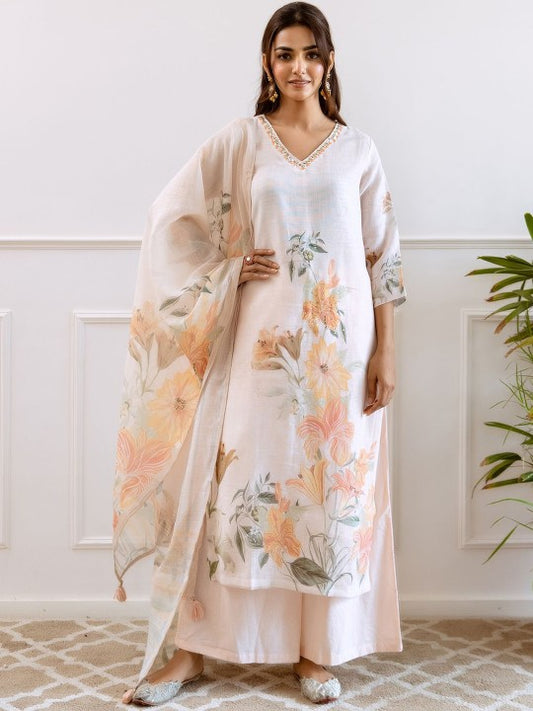 FILO HEVIS Floral Printed V Neck Pure Cotton Straight Kurta With Trousers & Dupatta
