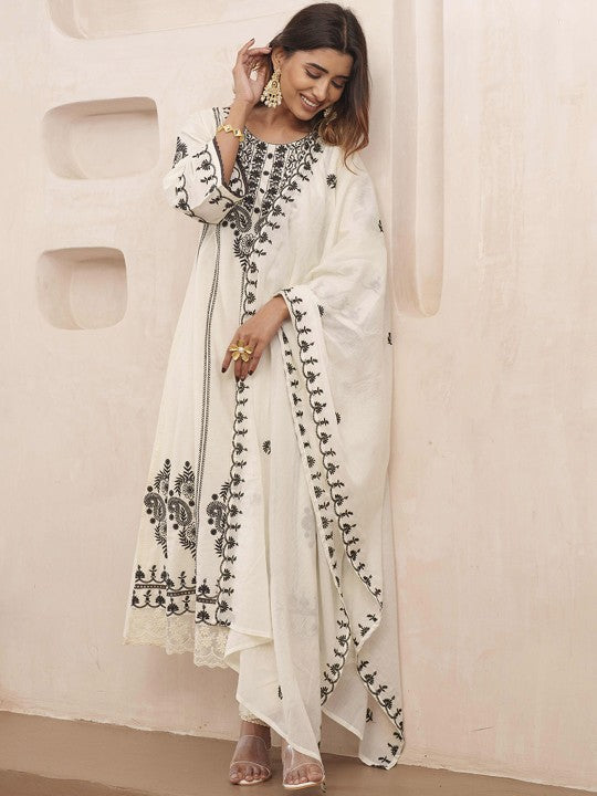 House of Pataudi Floral Embroidered Pure Cotton Kurta & Trousers With Dupatta