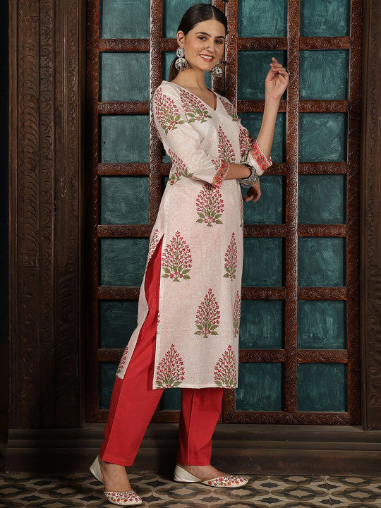 Taavi Women Floral Hand Block Printed Pure Cotton Kurta With Trousers & Dupatta