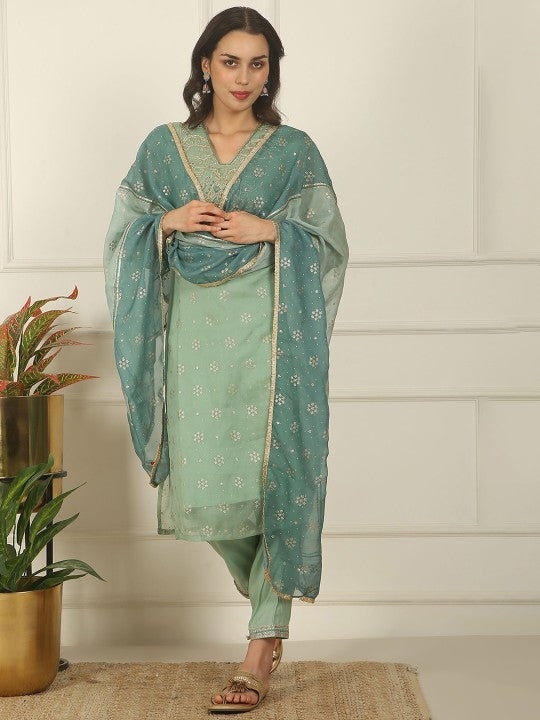 W Women Floral Embroidered V-Neck Zari Straight Kurta With Trousers & Dupatta