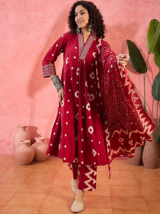 Vastramyaa Geometric Printed V-Neck Cotton A-Line Kurta With Trousers & Dupatta