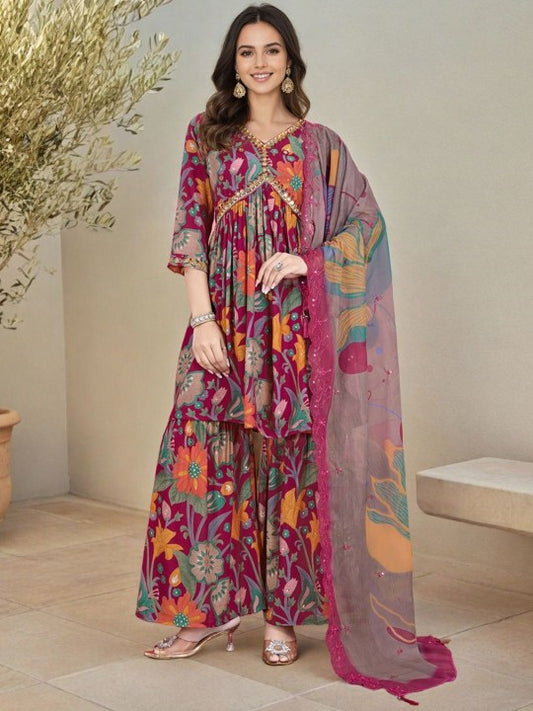 SZN Floral Printed V-Neck Empire Anarkali Kurta With Sharara & Dupatta