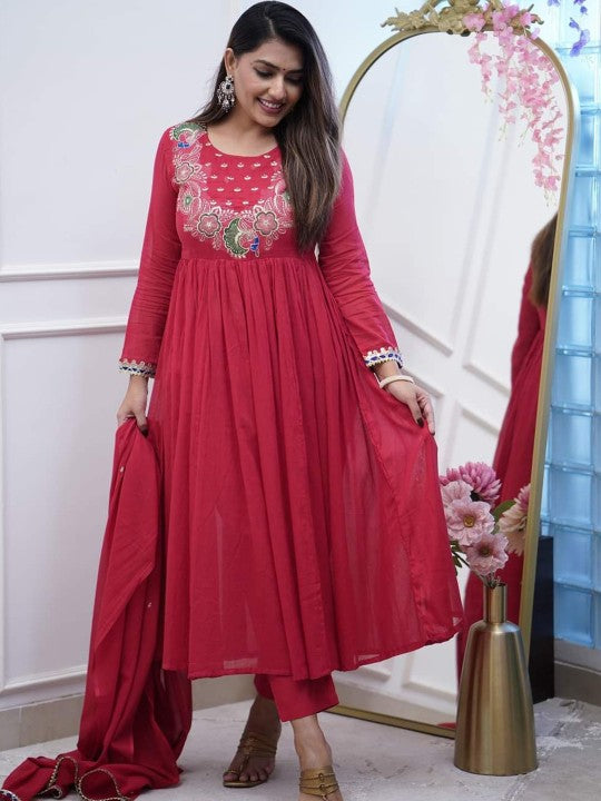VKOM'S Women Floral Printed Festive Cotton Anarkali Kurta Set