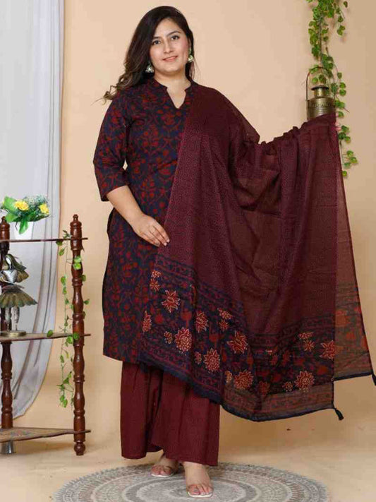 Doriyaan Plus Size Floral Printed Mandarin Collar Straight Pure Cotton Kurta With Sharara