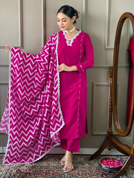 Embroidered Thread Work Kurta With Trousers & Dupatta