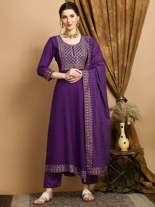 Bhoolft Ethnic Motifs Embroidered Round Neck Sequinned A-Line Kurta With Trouser & Dupatta