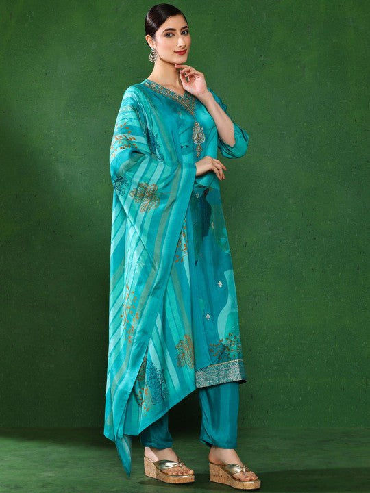 Jaipur Kurti Women Floral Embroidered Cotton Kurta with Trousers & Dupatta