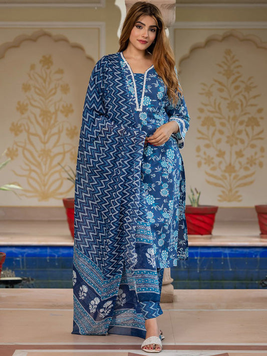 Jaitpuriya Women Floral Printed Cotton Kurta with Trousers & Dupatta