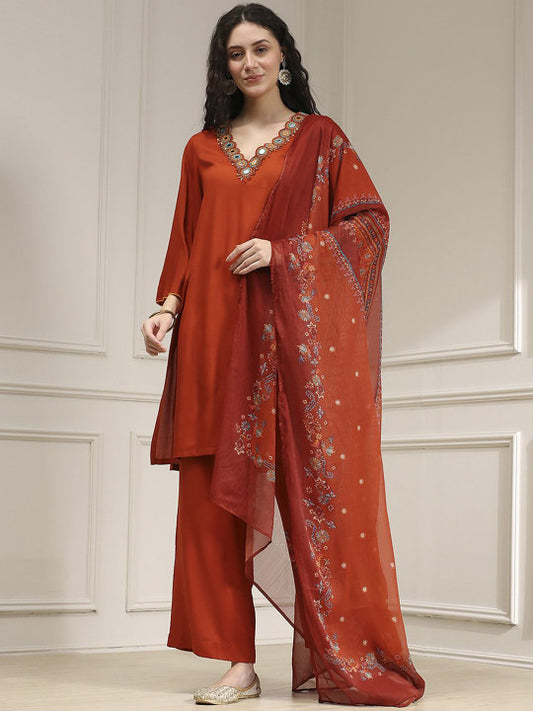 Biba Women Floral Regular Mirror Work Kurta with Palazzos & Dupatta