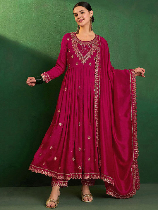 Trendmalls Floral Embroidered Sequinned Anarkali Kurta & Trousers With Dupatta