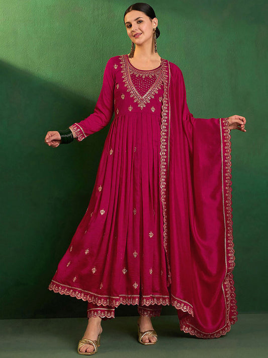 Trendmalls Floral Embroidered Sequinned Anarkali Kurta & Trousers With Dupatta