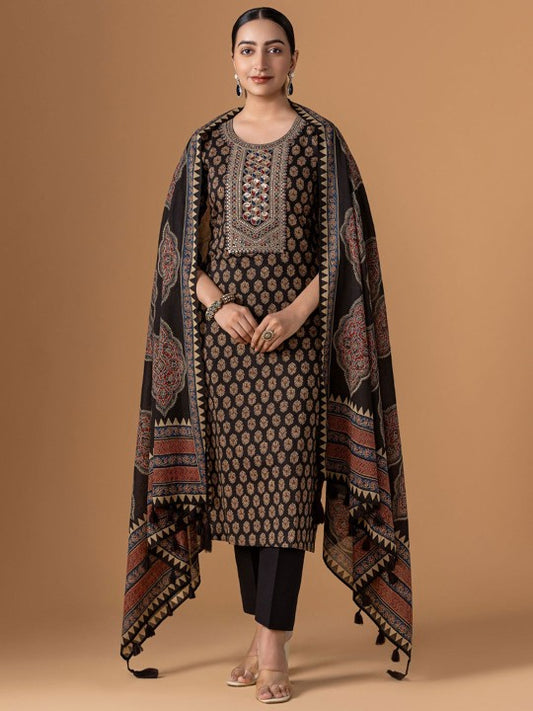WOMEN PLUS Floral Printed Sequinned Pure Cotton Kurta With Trousers & Dupatta