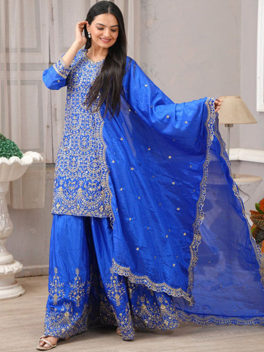 TEEYA CREATION Women Ethnic Motifs Embroidered Kurta with Sharara & Dupatta