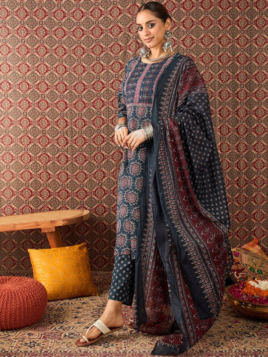 Indo Era Women Floral Printed Regular Pure Cotton Kurta with Trousers & Dupatta Kurta Sets