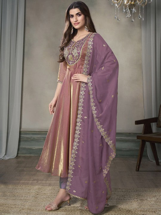 Inddus Women Floral Yoke Design Thread Work A-Line Crushed Organza Kurta