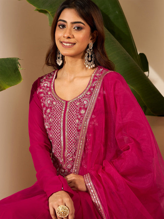 Inddus Floral Embroidered Anarkali Thread Work Kurta With Palazzos & Dupatta