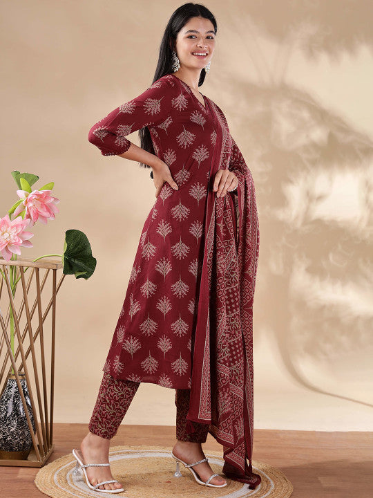 Anouk Women Floral Regular Pure Cotton Kurta with Trousers & With Dupatta