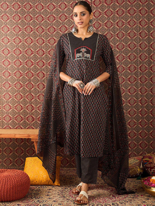 Indo Era Floral Printed Pure Cotton Straight Kurta Trousers With Dupatta