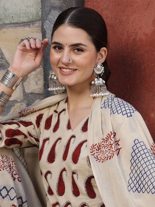 Taavi Paisley Printed Pure Cotton Bagru Kurta With Trouser & Dupatta