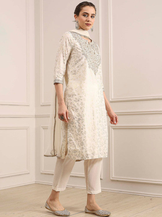 Biba Embroidered Notch Neck Thread Work Pure Cotton Kurta With Trousers & Dupatta