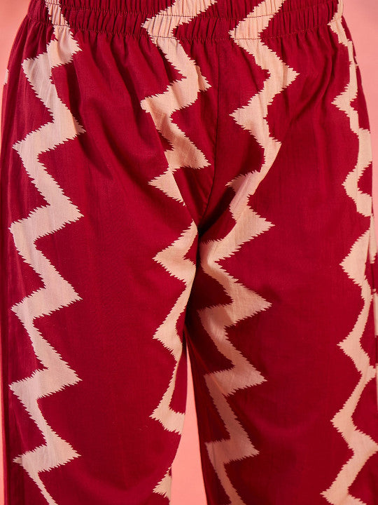 Vastramyaa Geometric Printed V-Neck Cotton A-Line Kurta With Trousers & Dupatta