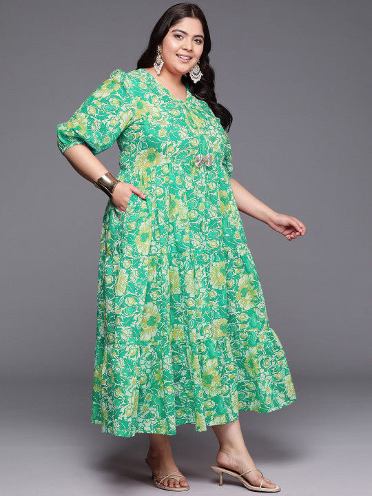 A PLUS BY AHALYAA Printed 100% Cotton Layered Maxi Ethnic Dress