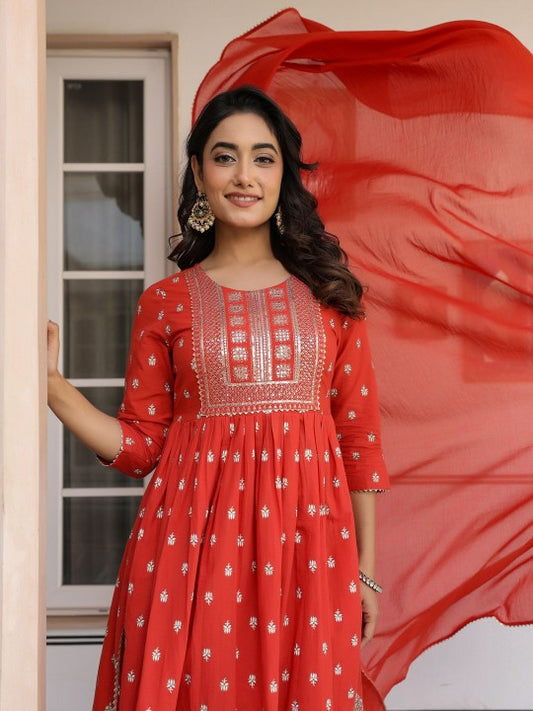 Janasya Women's Red Pure Cotton Foil Printed Yoke Design A-line Kurta Set