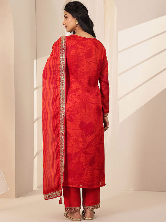 Floral Printed Sequinned Straight Kurta with Trouser & Dupatta