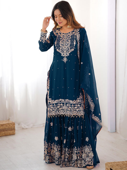 DRUMLIN ENTERPRISE Women Ethnic Motifs Embroidered Kurta with Sharara & Dupatta