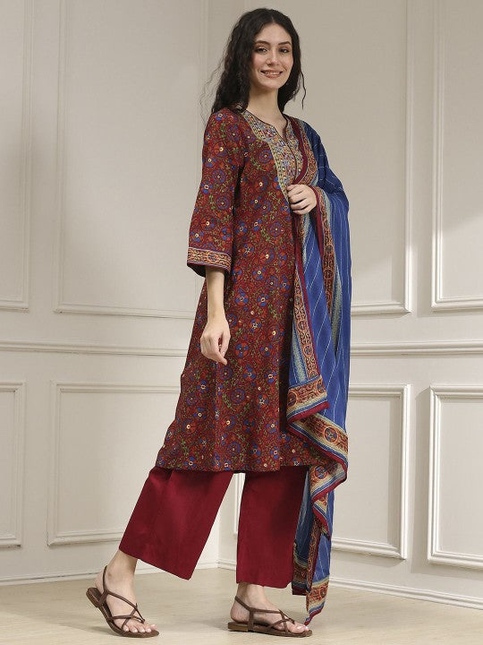 Biba Embroidered Notch Neck Thread Work Pure Cotton Straight Kurta With Palazzos & Dupatta