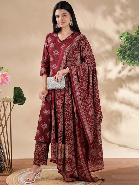 Anouk Women Floral Regular Pure Cotton Kurta with Trousers & With Dupatta