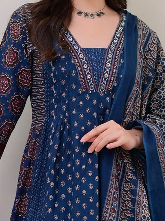 Floral Printed V Neck Anarkali Kurta With Trousers & Dupatta