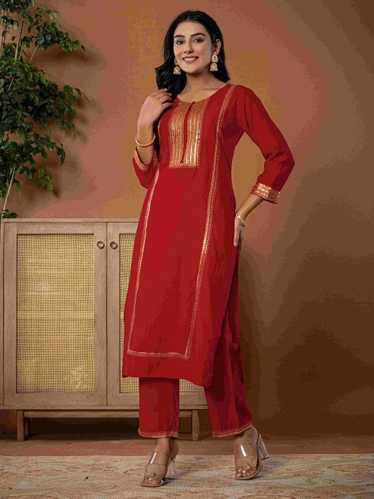 Do Dhaage Floral Yoke Design Sequinned Keyhole Neck Straight Kurta With Trouser & Dupatta