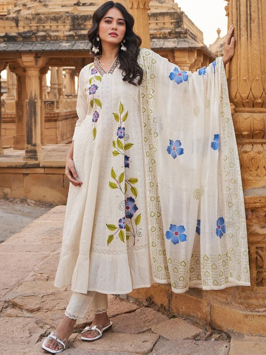 Indo Era Floral Embroidered Mirror Work V-Neck Pure Cotton Kurta With Trousers & Dupatta