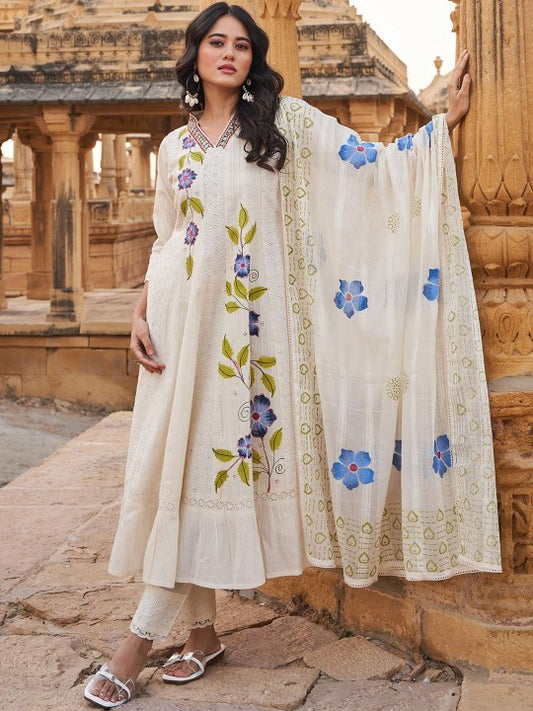 Indo Era Floral Embroidered Mirror Work V-Neck Pure Cotton Kurta With Trousers & Dupatta