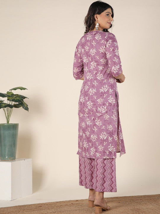 Aramya Women Floral Printed Regular Pure Cotton Kurta with Trousers & With Dupatta