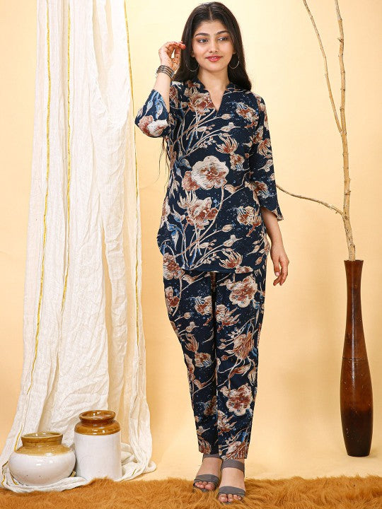 FULPARI Floral Printed V-Neck Top With Trousers Co-Ords