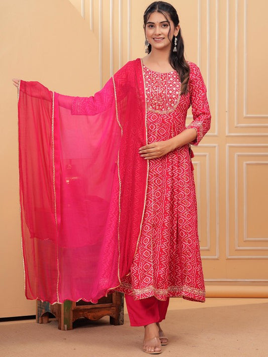 TOULIN Bandhani Printed Regular Mirror Work Kurta With Trousers & Dupatta