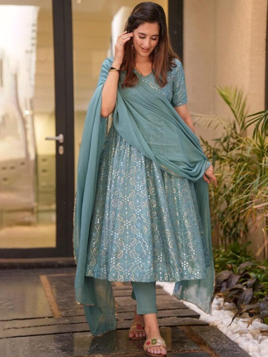 Vama Heritage Women Ethnic Motifs Printed Pleated Sequinned Silk Georgette Kurta