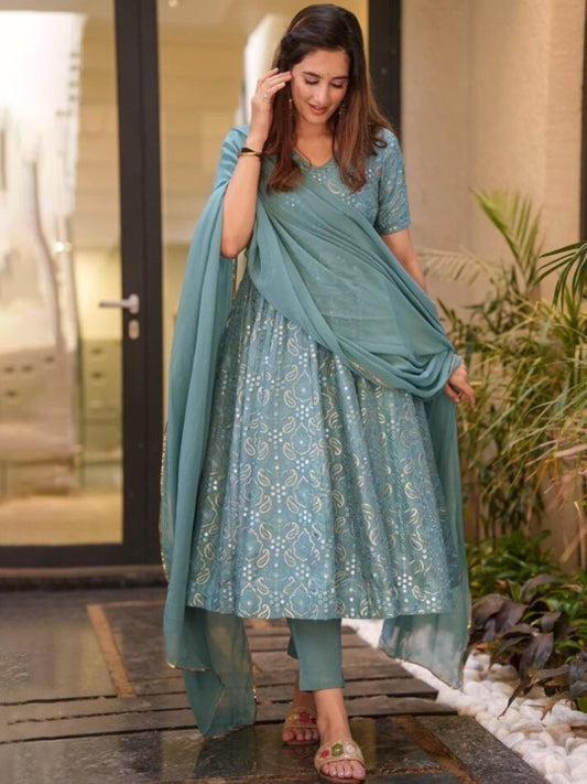 Vama Heritage Women Ethnic Motifs Printed Pleated Sequinned Silk Georgette Kurta