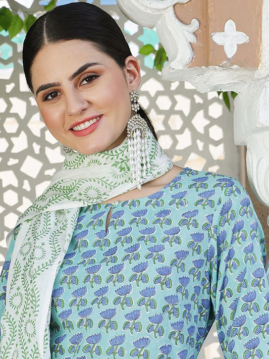 Taavi Floral Printed Pure Cotton Hand Block Print Kurta With Trousers & Dupatta