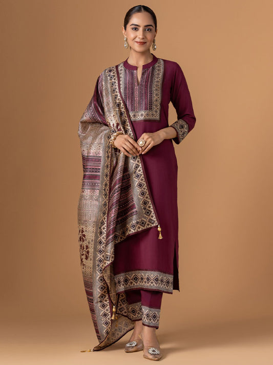 WOMEN PLUS Women Purple Rayon Suit Set With Dupatta