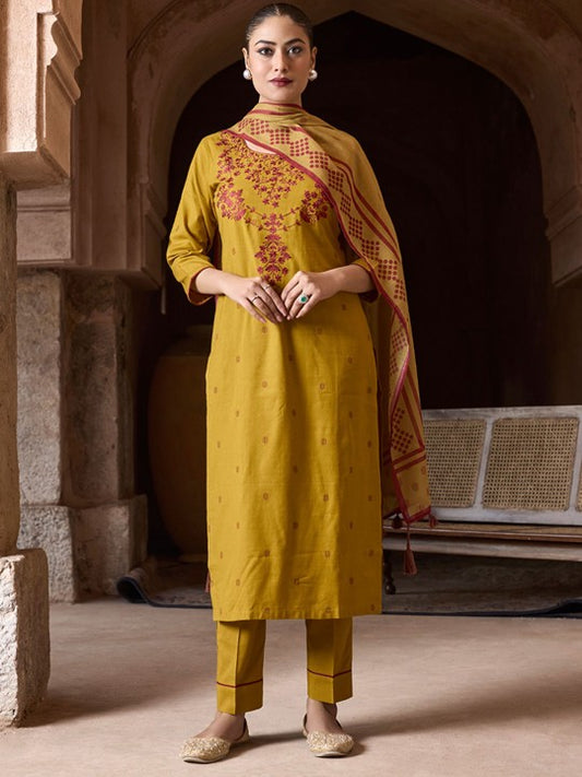 WOMEN PLUS Women Ethnic Motifs Embroidered Jamdani Pure Cotton Kurta Set