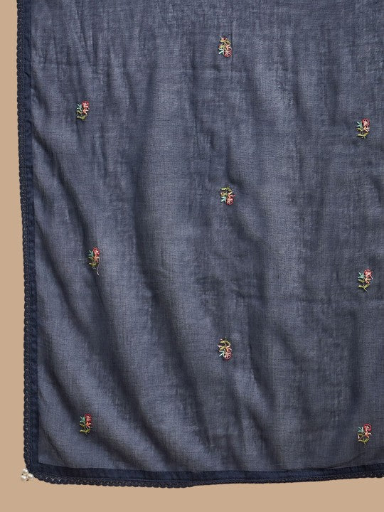 all about you Navy Blue Embroidered Round Neck Anarkali Kurta with Trousers & Dupatta