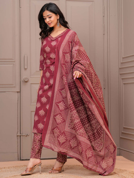 Floral Printed V-Neck Pure Cotton Straight Kurta With Trousers & Dupatta
